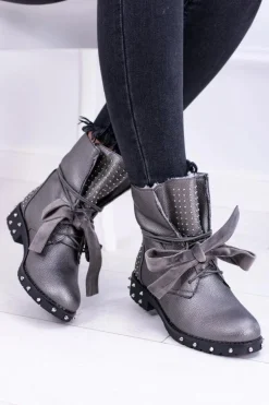 Boto Botki Sznurowane|Botki Zimowe Damskie*Damskie Botki Ocieplane Z Kolcami i Dżetami Srebrne Neso