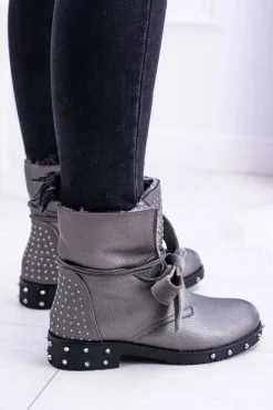 Boto Botki Sznurowane|Botki Zimowe Damskie*Damskie Botki Ocieplane Z Kolcami i Dżetami Srebrne Neso