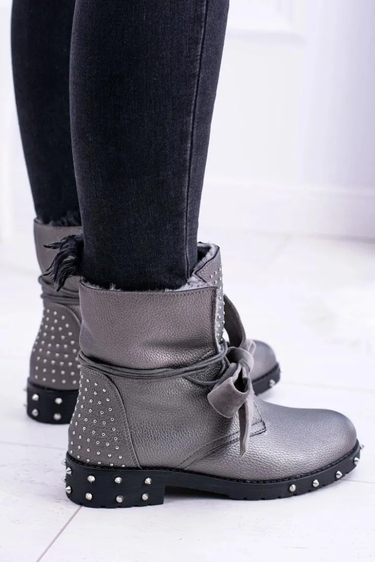 Boto Botki Sznurowane|Botki Zimowe Damskie*Damskie Botki Ocieplane Z Kolcami i Dżetami Srebrne Neso