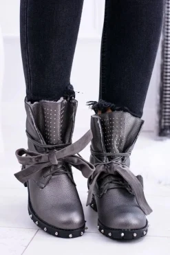 Boto Botki Sznurowane|Botki Zimowe Damskie*Damskie Botki Ocieplane Z Kolcami i Dżetami Srebrne Neso