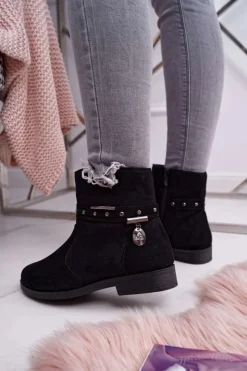 Damskie Boto Damskie Botki Płaski Obcas Ocieplane Czarne Verte