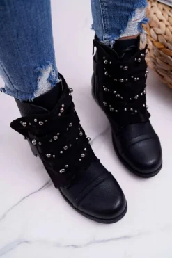 Damskie Boto Damskie Botki Płaski Obcas Z Dżetami Czarne Valko