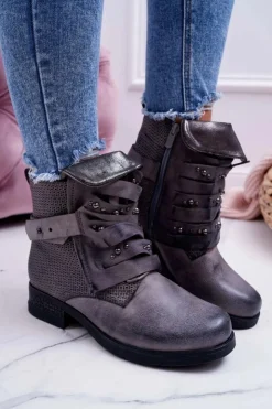 Damskie Boto Damskie Botki Płaski Obcas Ciepłe Szare Debra