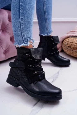 Boto Botki Sznurowane|Botki Zimowe Damskie*Damskie Botki Płaski Obcas Ciepłe Czarne Debra