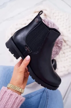 Clearance Boto Damskie Botki Płaski Obcas Ocieplane Futerkiem Czarne Hertz