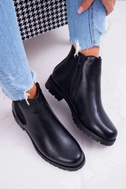 Clearance Boto Damskie Botki Płaski Obcas Ocieplane Futerkiem Czarne Hertz