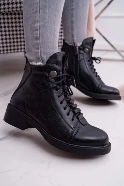 Online Boto Damskie Botki Płaski Obcas Ocieplane Czarne Livin