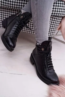 Online Boto Damskie Botki Płaski Obcas Ocieplane Czarne Livin