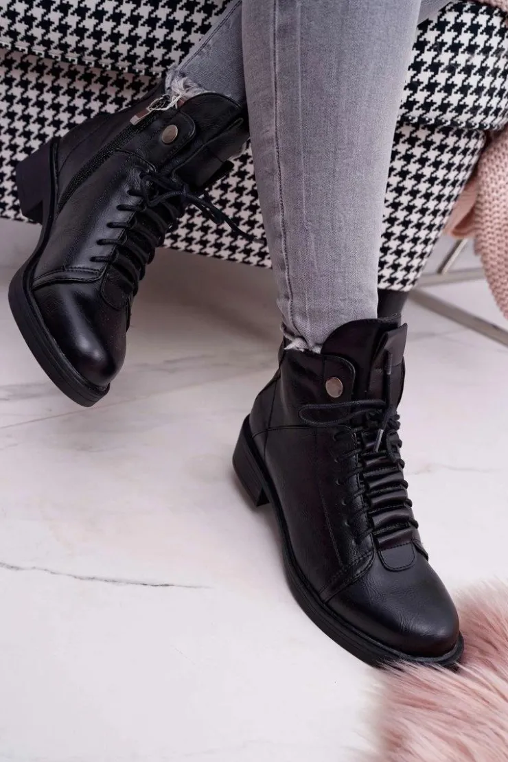 Online Boto Damskie Botki Płaski Obcas Ocieplane Czarne Livin