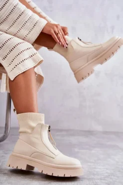 Online Boto Damskie Botki Skarpetkowe Na Suwak Beżowe Shelter