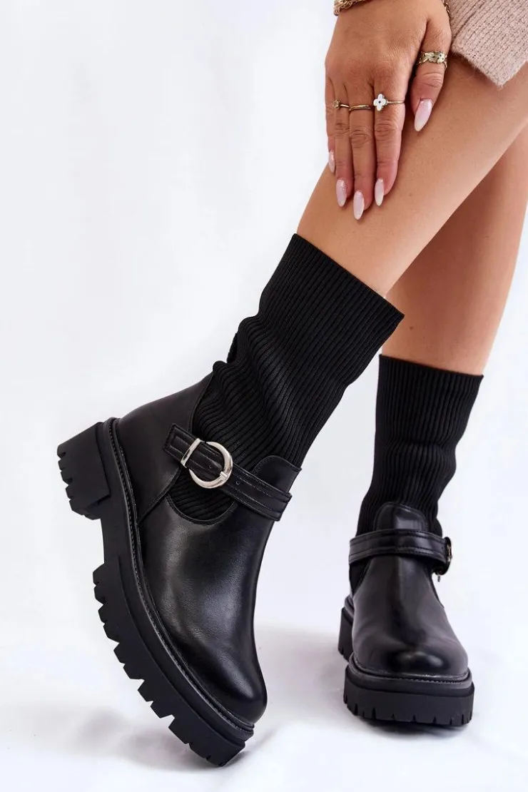 Boto Damskie Botki Skarpetkowe Z Paskiem Czarne Alaya