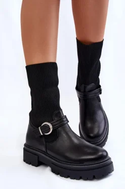 Boto Damskie Botki Skarpetkowe Z Paskiem Czarne Alaya