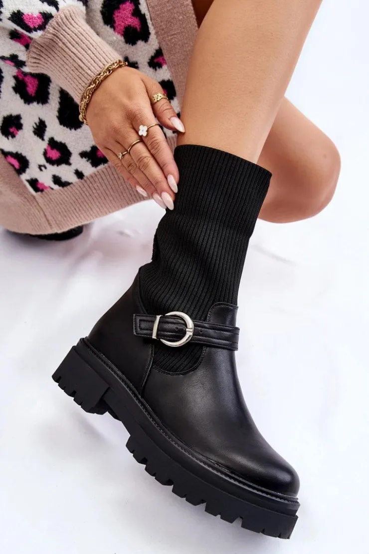 Boto Damskie Botki Skarpetkowe Z Paskiem Czarne Alaya