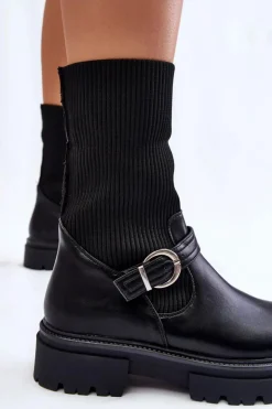 Boto Damskie Botki Skarpetkowe Z Paskiem Czarne Alaya