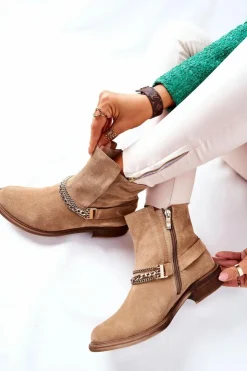 Damskie Boto Damskie Botki Skórzane Nicole Beżowe Dome