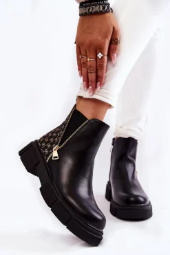 Boto Botki Wiosenne|Czarne Botki*Damskie Botki Skórzane Z Ozdobnym Zamkiem Czarne Lorra