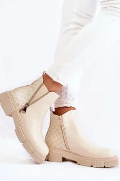 Damskie Boto Damskie Botki Skórzane Z Ozdobnym Zamkiem Jasnobeżowe Lorra