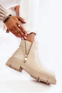 Damskie Boto Damskie Botki Skórzane Z Ozdobnym Zamkiem Jasnobeżowe Lorra