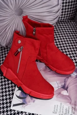Boto Botki Zimowe Damskie|Botki Zamszowe*Damskie Botki Sportowe Ocieplane Czerwone SJ1938 Nefera