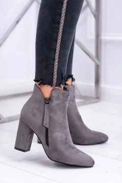 Boto Botki Na Słupku|Botki Zimowe Damskie*Damskie Botki Szare na Słupku Zamszowe Egida