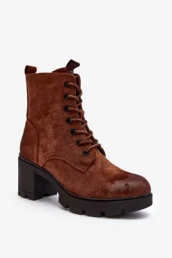 Discount Boto Damskie Botki Sznurowane Na Obcasie Brązowe Lunielle