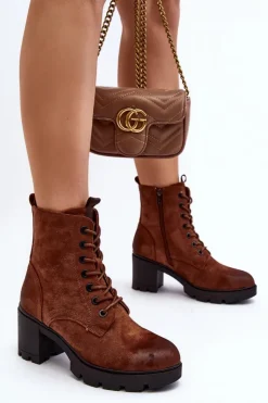 Discount Boto Damskie Botki Sznurowane Na Obcasie Brązowe Lunielle