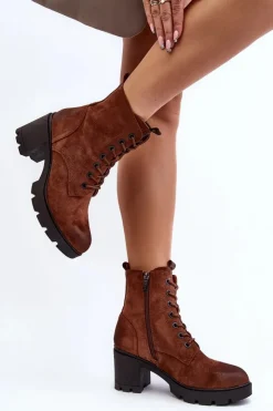 Discount Boto Damskie Botki Sznurowane Na Obcasie Brązowe Lunielle