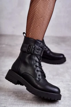 Damskie Boto Damskie Botki Sznurowane Na Płaskim Obcasie Czarne Firmina