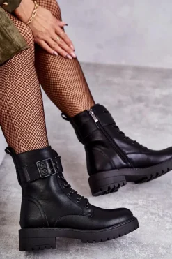 Damskie Boto Damskie Botki Sznurowane Na Płaskim Obcasie Czarne Firmina