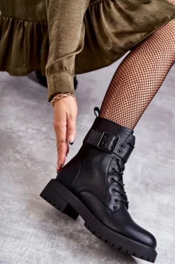 Damskie Boto Damskie Botki Sznurowane Na Płaskim Obcasie Czarne Firmina