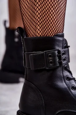 Damskie Boto Damskie Botki Sznurowane Na Płaskim Obcasie Czarne Firmina