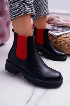 Damskie Boto Damskie Botki Sztyblety Czerwone Gumki Czarne Superpower