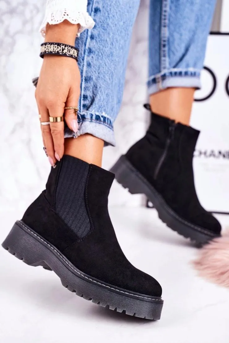 New Boto Damskie Botki Sztyblety Na Gumowej Podeszwie Zamszowe Czarne Voyager