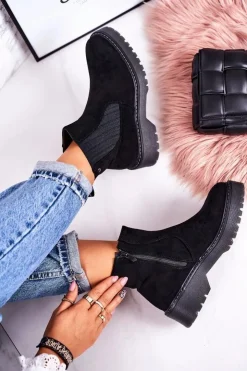 New Boto Damskie Botki Sztyblety Na Gumowej Podeszwie Zamszowe Czarne Voyager