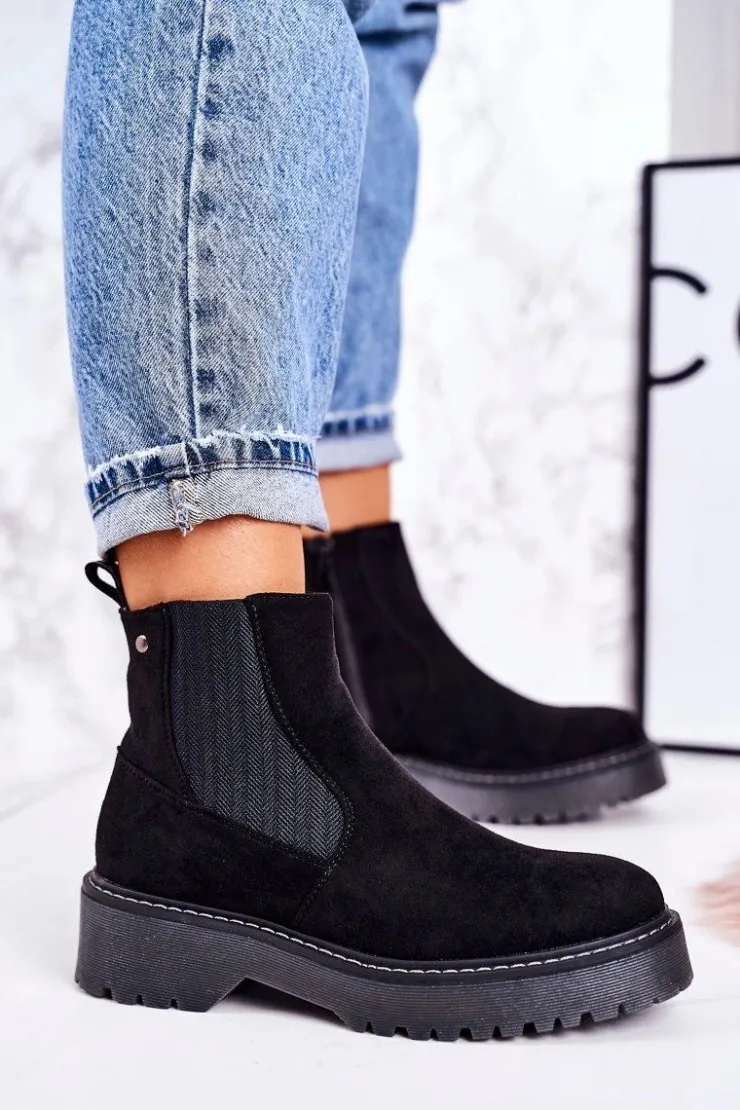 New Boto Damskie Botki Sztyblety Na Gumowej Podeszwie Zamszowe Czarne Voyager
