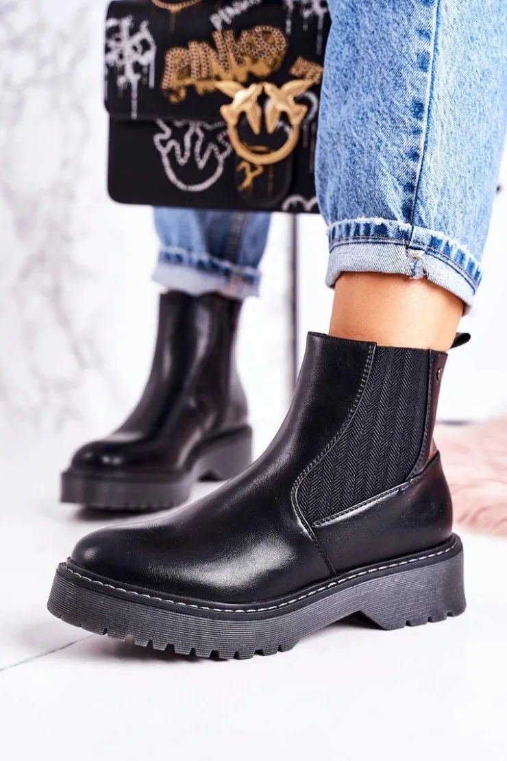 Boto Czarne Botki|Botki Zimowe Damskie*Damskie Botki Sztyblety Na Gumowej Podeszwie Czarne Voyager