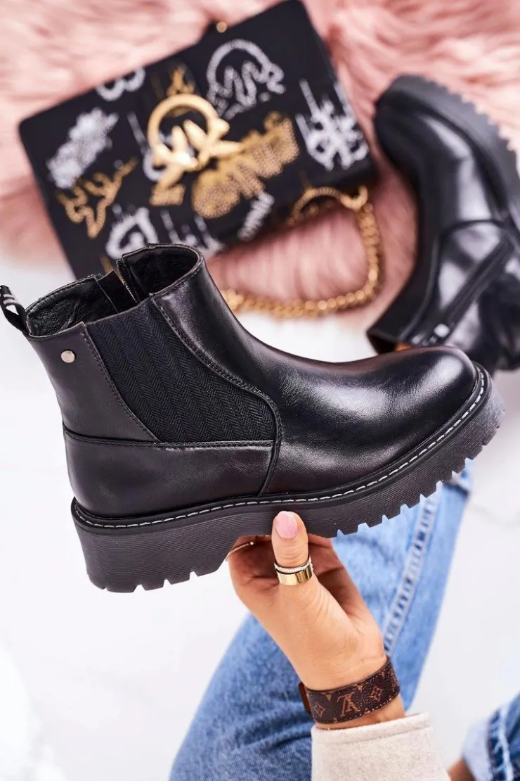 Boto Czarne Botki|Botki Zimowe Damskie*Damskie Botki Sztyblety Na Gumowej Podeszwie Czarne Voyager