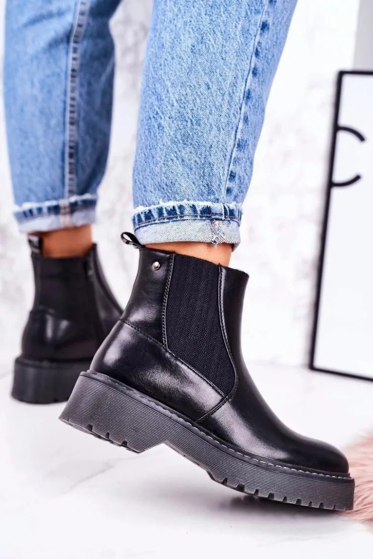 Boto Czarne Botki|Botki Zimowe Damskie*Damskie Botki Sztyblety Na Gumowej Podeszwie Czarne Voyager