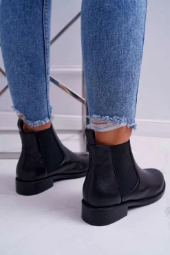 Best Damskie buty S.Barski Damskie Botki Sztyblety Płaski Obcas Skórzane Czarne Barski W1901