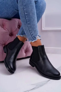 Best Damskie buty S.Barski Damskie Botki Sztyblety Płaski Obcas Skórzane Czarne Barski W1901