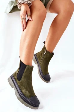 Damskie Big Star Shoes Damskie Botki Sztyblety Skóra Zamsz Big Star II274355 Khaki