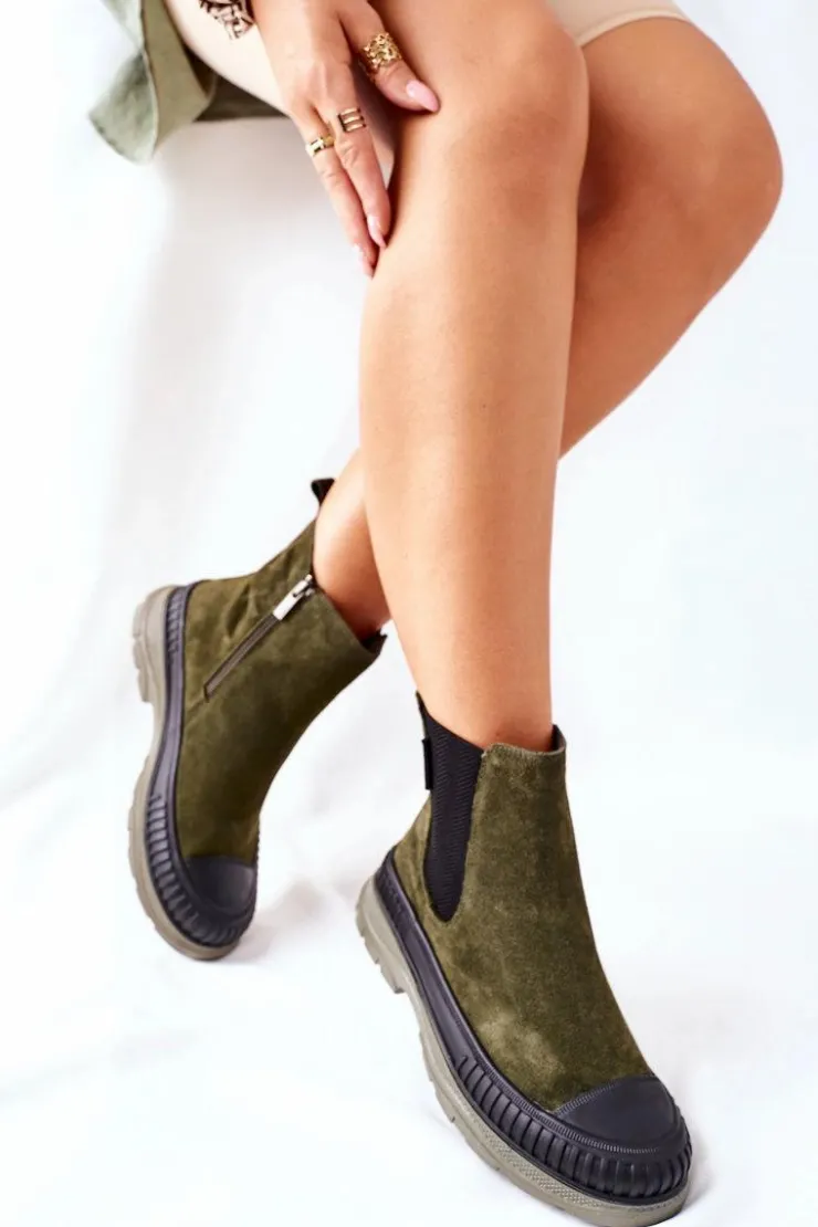 Damskie Big Star Shoes Damskie Botki Sztyblety Skóra Zamsz Big Star II274355 Khaki