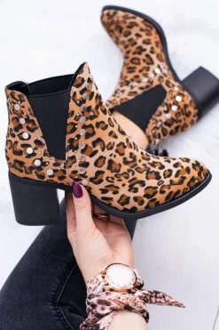 Boto Botki Na Słupku|Botki Zimowe Damskie*Damskie Botki Sztyblety W Panterkę Na Słupku Nity Savage