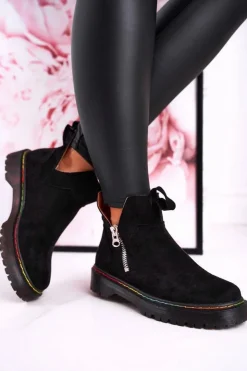 Online Boto Damskie Botki Sztyblety Z Kolorowym Przeszyciem Zamszowe Czarne Addison