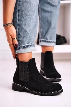 Damskie Boto Damskie Botki Sztyblety Z Dżetami Zamszowe Czarne Meagan