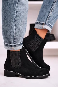 Damskie Boto Damskie Botki Sztyblety Z Dżetami Zamszowe Czarne Meagan