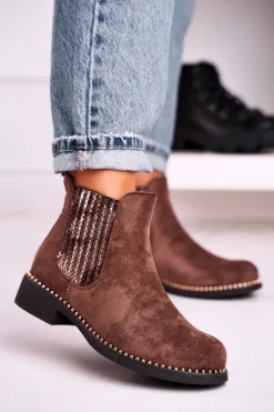 Outlet Boto Damskie Botki Sztyblety Z Dżetami Zamszowe Brązowe Meagan