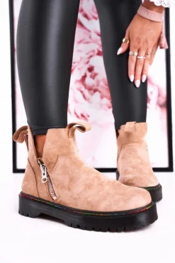 Boto Botki Wiosenne|Czarne Botki*Damskie Botki Sztyblety Z Kolorowym Przeszyciem Zamszowe Beżowe Addison