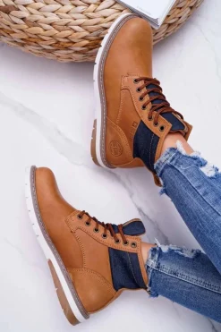 Damskie Big Star Shoes Damskie Botki Trapery Big Star Skórzane Brązowe EE274004