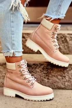 Big Star Shoes Damskie Trapery|Botki Sznurowane*Damskie Botki Trapery Big Star Pastelowe Różowe EE274034